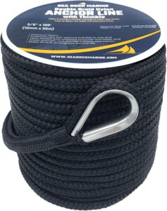 Double Braid Nylon Anchor Rope 100 ft x 3/8 inch with 316SS Thimble, Black